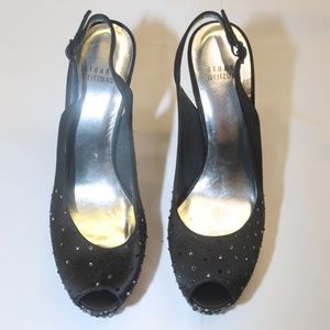 Stuart Weitzman Black Heels with Silver and Black encrusted stones